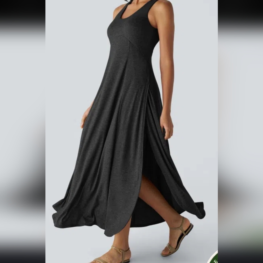 Halara Black U-Neck Backless Split Flowy Maxi Cas… - image 2